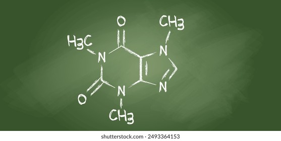 Café, cafeína estructura química, C8H10N4O2. Células de fórmulas estructurales, células moléculas membranas atómicas de átomo. Equilibrar el concepto de café. Patrón de línea. Molécula de fórmula de cafeína. El concepto de átomo.