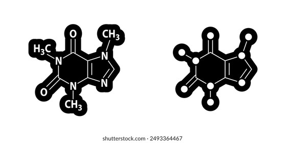 Café, cafeína estructura química, C8H10N4O2. Células de fórmulas estructurales, células moléculas membranas atómicas de átomo. Equilibrar el concepto de café. Patrón de línea. Molécula de fórmula de cafeína. El concepto de átomo.