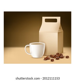 Coffee Caffeine-free Promotional Poster Vector. Coffee Drink Cup, Beans And Blank Paper Package On Creative Advertising Banner. Energy Morning Beverage Style Concept Template Illustration