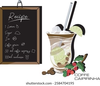 Coffee caipirinha, with beans and recipe on how to make the drink.