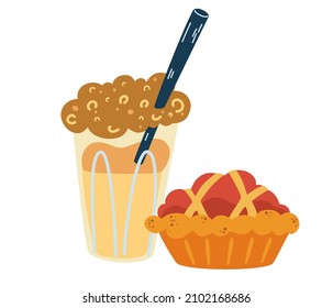 Café con pastel. Panadería y bebidas calientes. ¡Qué delicioso! Café con crema y paja. Desayuno dulce. Bebidas de dibujos animados y pastelería dulce. Cartel, tarjeta, diseño de afiches. Ilustración vectorial