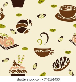 coffee and cake in bakery shop concept design for seamless pattern with brown coffee color tone and little green background 