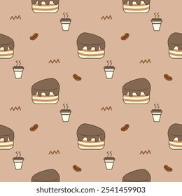 Coffee cake cartoon so cute. On coffee background. Pattern seamless vector illustration. 