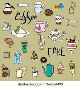 Coffee, cake, drink and food background, Hand drawing.