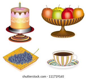 Coffee with cake and fruit, 3D. Cake with candle served with fresh fruit and coffee. Set of Food: Coffee and cake with candle, fresh fruit on white background.  An abstract art illustration 3D.