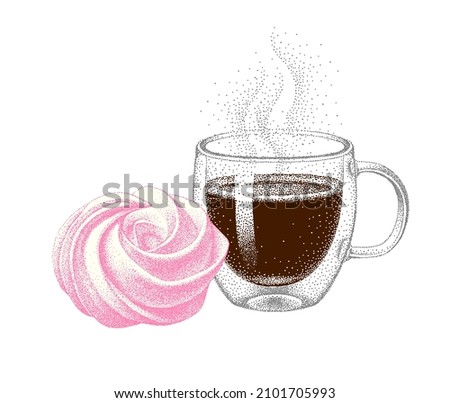 Coffee and cake. Glass double wall cup and Airy pink french meringue, marshmallow. Realistic sketch. Illustration in pointillism. Hand-drawn vector.