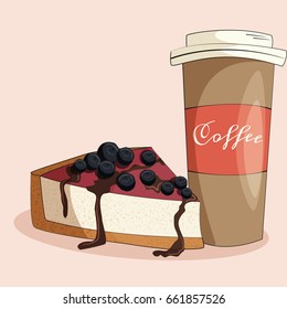 Coffee and cake illustration.  Vector art of tasty dessert and take away coffee.