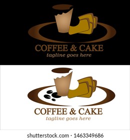  Coffee and cake Logo Design Concept. Logo design on black and white background.  Classic design of restaurant business concept. Unique logo design for coffee and cake shop.  