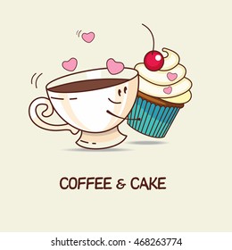 Coffee and cake, love forever. Coffee and cake hug. Comic, cartoon. Vector illustration.