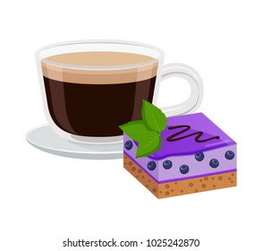 Coffee with cake made of blueberry and decoration on top of green leaf, sweet bakery and beverage, vector illustration isolated on white background