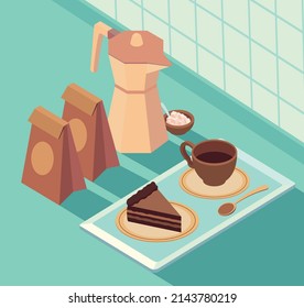 coffee cake on the plate with kettle