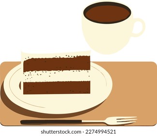 coffee and cake on the table with a fork without a background. isolated