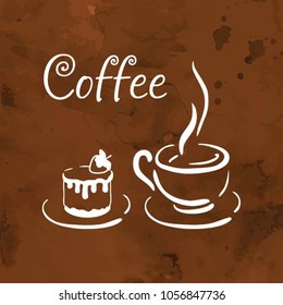 Coffee and cake with strawberries isolated vector icon. White desert symbol on a chocolate background. Cake and coffee logo. Cartoon silhouette for menu
