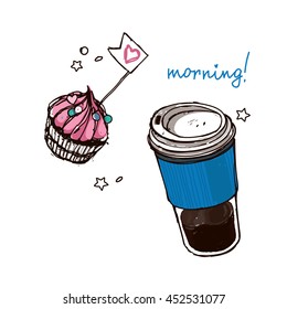 Coffee and cake. Vector hand-drawn sketch.