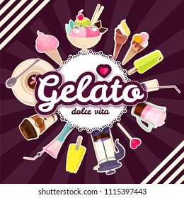 Coffee and Cakes. Bakery, Candy, Ice Cream and Sweets Shop. Cafe Design Template. Cartoon Label. Vector illustration