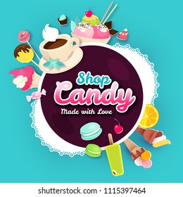 Coffee and Cakes. Bakery, Candy, Ice Cream and Sweets Shop. Cafe Design Template. Cartoon Label. Vector illustration