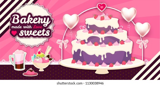 Coffee and Cakes. Bakery, Candy, Ice Cream and Sweets Shop. Cafe Design Template. Cartoon Label. Vector illustration