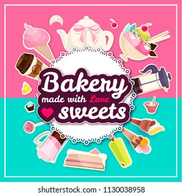 Coffee and Cakes. Bakery, Candy, Ice Cream and Sweets Shop. Cafe Design Template. Cartoon Label. Vector illustration