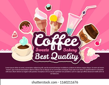 Coffee and Cakes. Bakery, Candy, Ice Cream and Sweets Shop. Cafe Design Template. Cartoon Label. Vector illustration