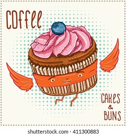 Coffee cakes and buns. Funny flying cake (bun). Hand drawn illustration. Can be used as background, your own design, appearance, glass-holder, etc.

