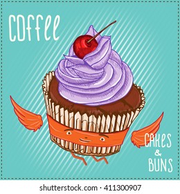Coffee cakes and buns. Funny flying cake (bun). Hand drawn illustration. Can be used as background, your own design, appearance, glass-holder, etc.
