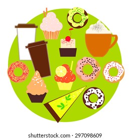 Coffee and pastries.?upcakes, cakes, coffee cup, take out food, coffee - drink, cup, paper.