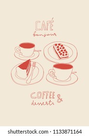 Coffee and cakes doodle contour illustration. Cafe hand drawn vector line art 