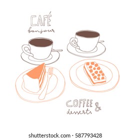 Coffee and cakes doodle set. Cups of coffee and cakes on the plates. Hand drawn vector line art for cafe design