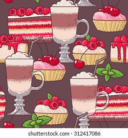 Coffee and cakes with fresh berries seamless background