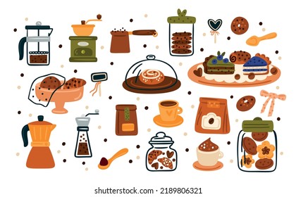 Coffee and cakes hand drawn collection. Set with delicious desserts,
cookie, brownie, tart, biscuit, pie. Sweet menu for cafes, restaurants, shops. French press, coffee maker, grinder