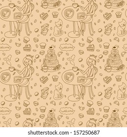 Coffee and cakes seamless background pattern 