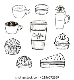 Coffee and cakes set vector illustration, hand drawing sketch