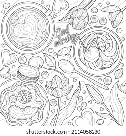  Coffee, cakes and tulips.Flat lay.Coloring book antistress for children and adults. Illustration isolated on white background. Zen-tangle style. Hand draw