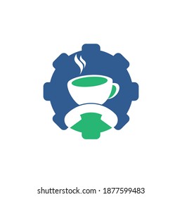 Diseño del logotipo vectorial de la forma del engranaje de llamada de café. Icono de juego de manos y taza