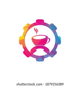 Coffee call gear shape concept vector logo design. Handset and cup icon