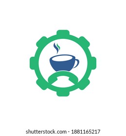 Diseño del logotipo vectorial de la forma del engranaje de llamada de café. Icono de juego de manos y taza
