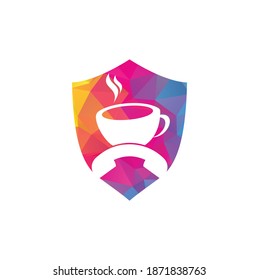 Coffee call shield shape concept vector logo design. Handset and cup icon.