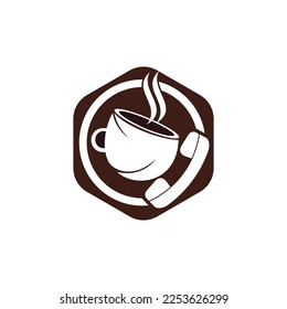 Coffee call vector logo design. Handset and cup icon.