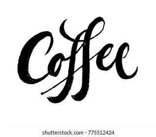 Coffee calligraphy black on white vector ink set. Minimal brush pen lettering. Handwriting inscriptions.