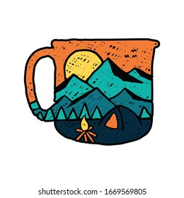 Coffee camping nature wild badge patch pin graphic illustration vector art t-shirt design