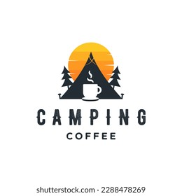 Coffee camping outdoor logo design concept. Tent sunset and coffee mug vintage illustration
