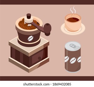 coffee can, cup, roasting machine brewing isometric vector illustration