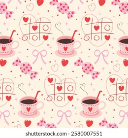 coffee with candy and XO game  seamless background, Seamless pattern with red hearts, Cute collection of love.