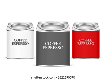 Coffee canisters set on a white background.