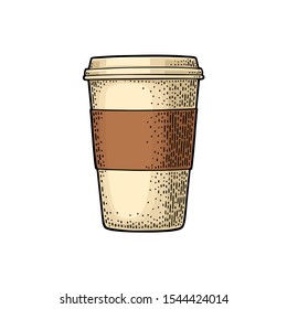 Coffee with cap and cup holder. Hand drawn sketch style. Vintage color vector engraving illustration for label, poster, web. Isolated on white background