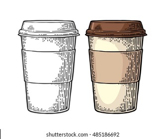 Coffee with cap and cup holder. Hand drawn sketch style. Vintage color vector engraving illustration for label, web, flayer. Isolated on white background