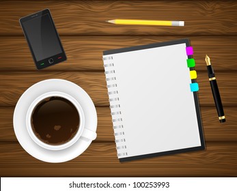 Coffee cap, phone and notebook on wooden background. Vector illustration.