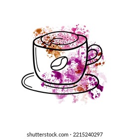 Coffee cappuccino with cinnamon in white porcelain cup. Doodle sketch style hand drawn vector illustration in engraved style on watercolor stain background. For menu, bar, coffee shop,cafe,restaurant