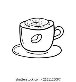 Coffee cappuccino with cinnamon in white porcelan cup. Doodle sketch style hand drawn vector illustration in engraved style. For menu, bar, coffee shop, cafe, restaurant, banner.