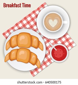 Coffee cappuccino, croissants and jam. Breakfast vector illustration